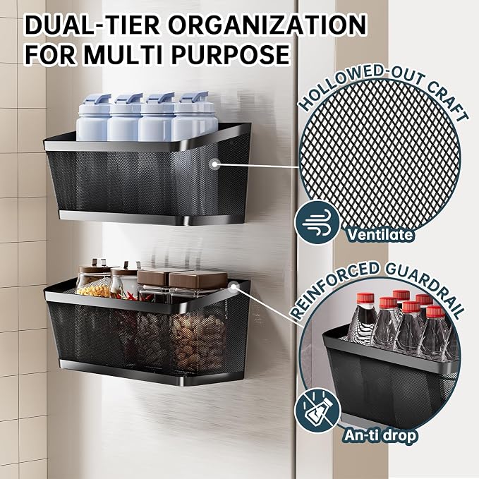 2Pcs Magnetic Spice Rack for Refrigerator, Magnetic Shelves(Extra Large) | Powerful Magnet Hanging Basket Holder, Magnetic Organizer Shelf for Fridge, For Seasonings Fruit Vegetables Coffee Beans