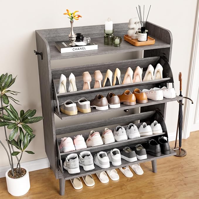 YZ HOME Shoe Storage Cabinet with 2 Flip Drawers, Entryway Shoe Cabinet with 2 Metal Hooks & Adjustable Shelves Freestanding Shoe Organizer Narrow Shoe Rack for Entrance Hallway Foyer Front Door