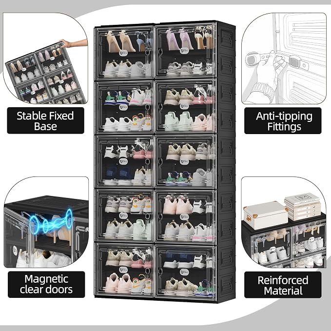 16 Pairs Foldable Shoe Rack Storage Cabinet with Heavy-Duty Design (Vertical 300 lbs), Tool-Free 4-Step Quick Installation, Wide-Slot Shoe Cabinet for Entryway/Living Room/Garage
