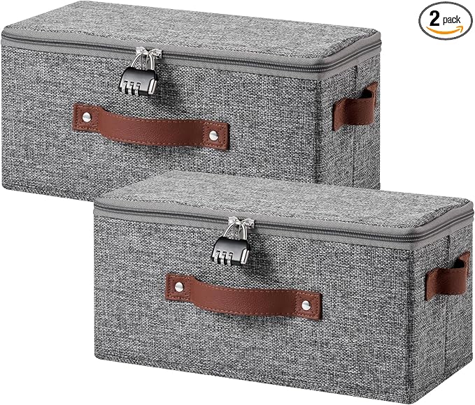 2PCS Storage Bins Box with Zipper Lid Combination Lock PU Leather Handles Cotton Linen Fabric Lockable Basket DVD CD Case Foldable Closet Shelf Organizer Container (Gray, 13"x 6"x 6")