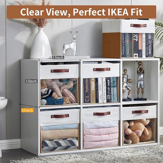 Bagnizer Storage Cubes, 4 Pack Linen Foldable Storage Bins with Clear Window and 2 Handles, 13x15x13 Storage Cube Bins for Shelf Closet, Kallax, Clothes, Books - (Brown / Off-White)