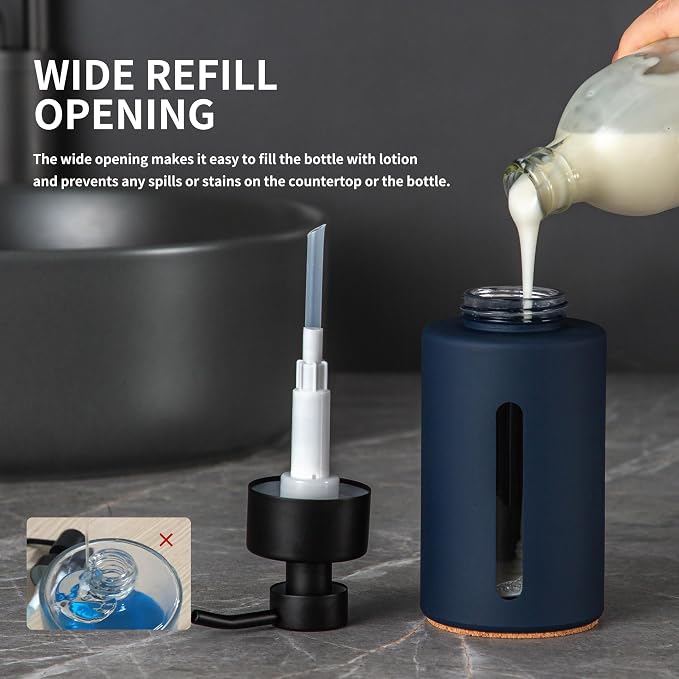 Thick Glass Foaming Soap Dispenser with Clear Window,12oz Blue Bathroom Soap Dispenser with Stainless Steel Pump, Modern Boho Refillable Pump Bottle for Bathroom Kitchen (Foam-Blue)