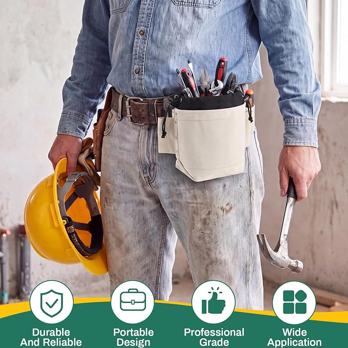 2 Pcs Tool Pouches 5" x 10" x 9", Top Closing Small Tool Bags with Drawstring, Tunnel Connection Double Reinforced Bottom, Belt Strap Connect, Bull Pin Loops for for Nuts Bolts Height Work