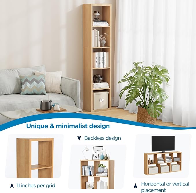 5 Cube Storage Organizer Single Row, Cube Shelf with Heavy-Duty Thick Boards, 13.31"L x 9.37"W x 60.55"H, Smooth Easy-Clean Panels, Simple Assembly, for Living Room Bedroom Office, Natural-Oak