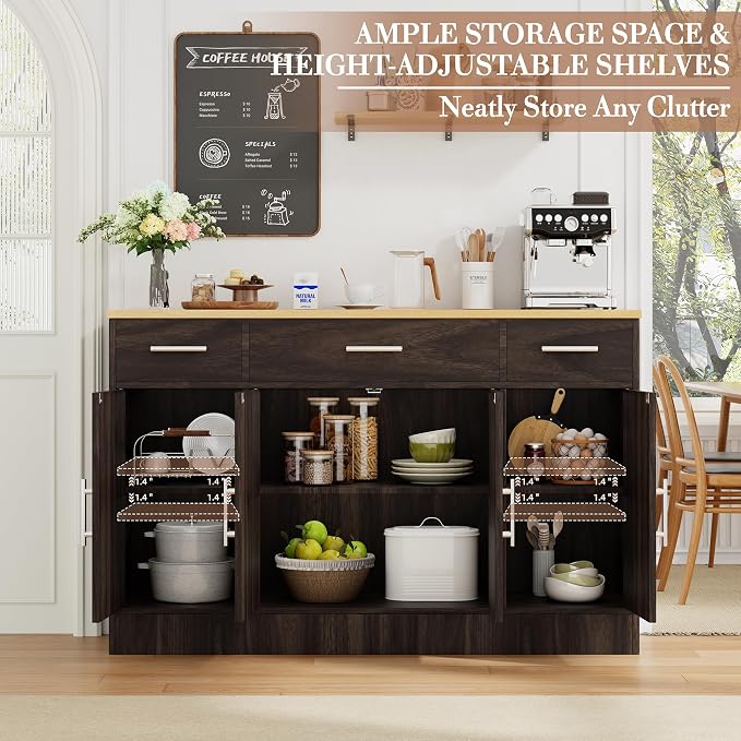 Shintenchi Buffet Cabinet with Storage,53.4" Large Kitchen Storage Cabinet with 3 Drawers and 4 Doors,Wood Farmhouse Buffet Sideboard with Adjustable Shelf for Kitchen Living Room, Brown