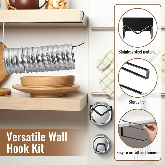Dreyoo 4 Pcs Mason Jar Lid Organizer, Canning Jar Lids & Rings Holder | Holds Up to 38 Lids and 34 Rings, Come With Adhesive-Backed,Easy to Slide-On Cabinet, Stainless Steel and Iron (Black)