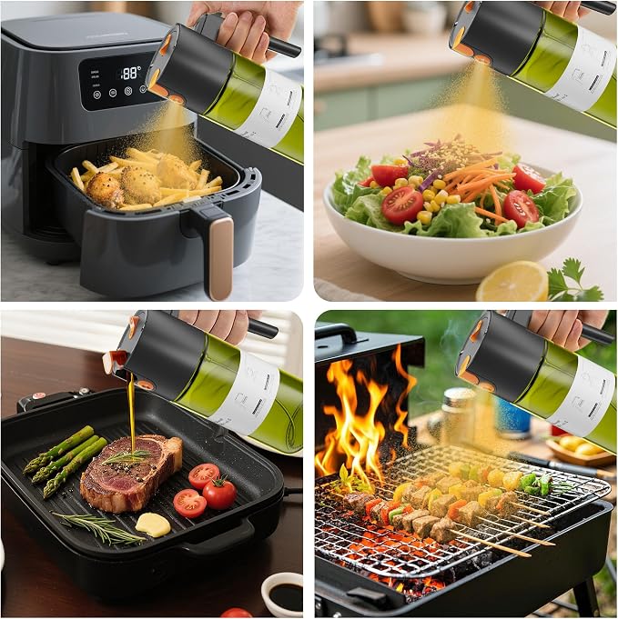LAKUMIQI 2 in 1 Oil Sprayer & Dispenser, 17 oz Light-Blocking Glass Bottle | Large Capacity, Wide-Mouth for Easy Pouring and Cleaning, Leak-Proof Oil Bottle with Stickers for Salads, Air Fryers, BBQ