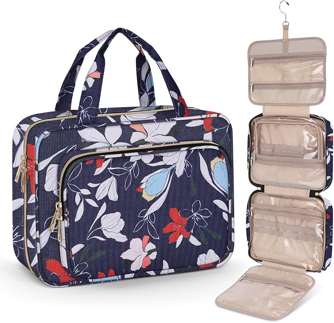 Wedama Toiletry Bag for Women, Large Cosmetic Travel Bag, Hanging Toiletry Bag for Bathroom, PVC Waterproof Makeup Bag, Toiletries Bag for Travel Business Trips and Camping, Blue+White Floral