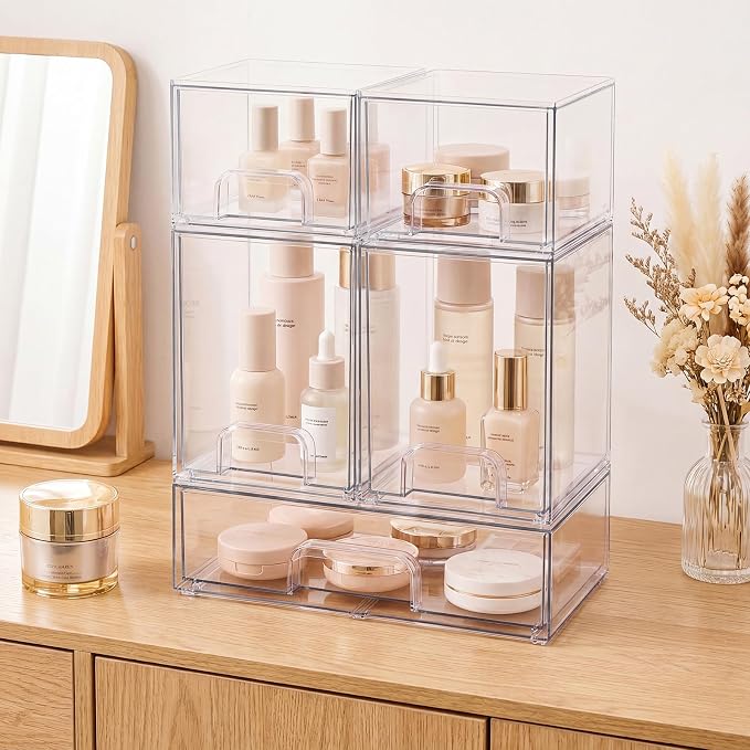 Baby Bottle Organizer, 5 Pack Clear Acrylic Stackable Storage Drawers, Baby Bottle Storage Organizer for Countertop, Nursery, Vanity & Cabinet