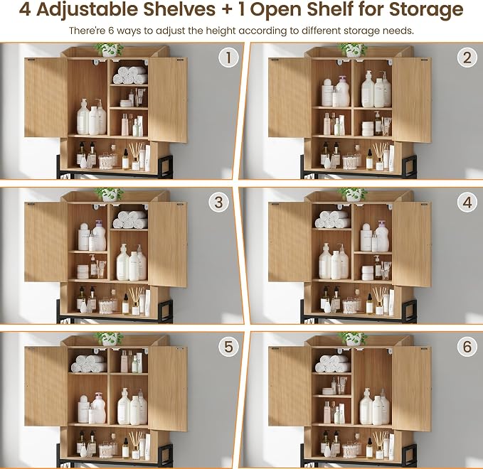 Memobarco Over The Toilet Storage Cabinet with 2-Door & Metal Stand, Wood | Toilet Paper Holder, 3 Extra Hooks, Anti-Tipping Device, With Adjustable Shelves, for Bathroom, Restroom, Laundry