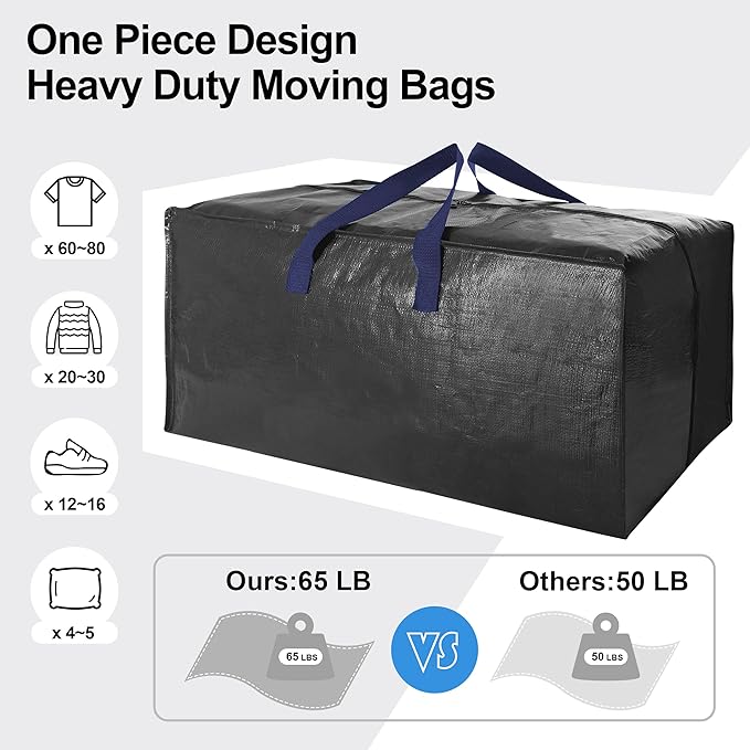 VELVETSURE Heavy Duty Extra Large Moving Bags W/Backpack Straps - Strong Handles & Zippers, Storage Totes For Space Saving, Fold Flat, Alternative to Moving Box and Storage Bin (Set of 6, Black)