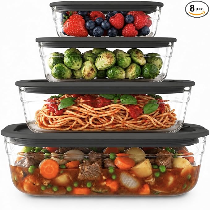 Naked Kitchen 8-Piece Food Storage Containers with Lids – Nesting Borosilicate Glass Meal Prep Containers with Leak-Proof Airtight Seal – BPA Free, Microwave, Oven, Freezer & Dishwasher Safe – Black