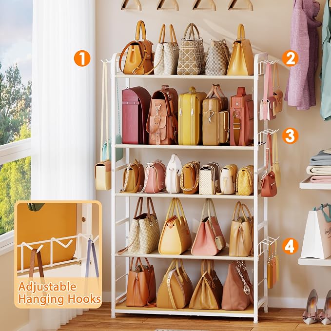 Purse Organizer for Closet, Extra Long 5-Tier Tall Purse Rack Stand with Adjustable Shelves & 12 Hooks, Large Capacity Purse Storage Display Shelf for Tote Bags, Crossbody Bags, Handbag, Dressing Room