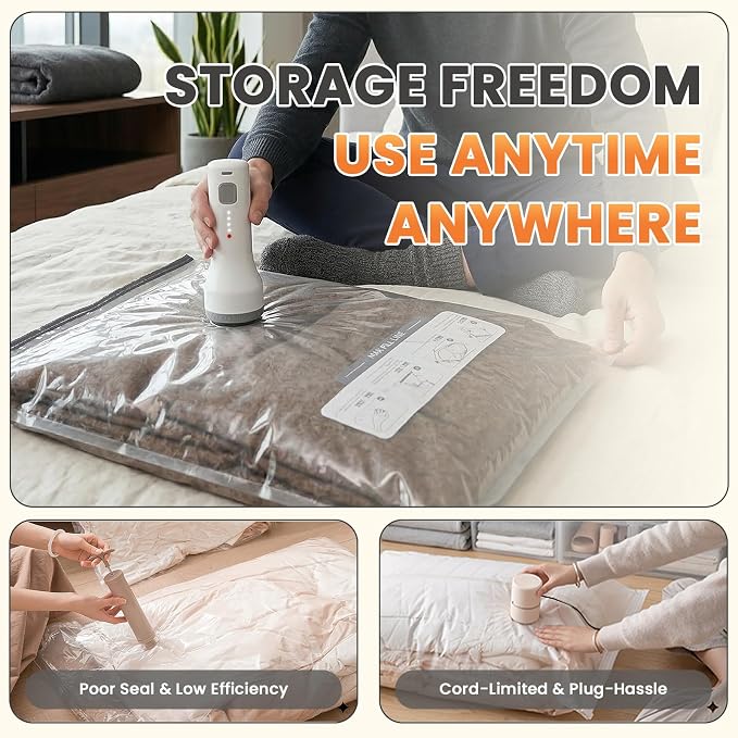 18 Pack Vacuum Storage Bags for Travel with Cordless Pump | 1.5s Hold to Start, 2000mAh Rechargeable, 100+ vacuum seals per charge, 60000Pa suction, for Luggage and Suitcase