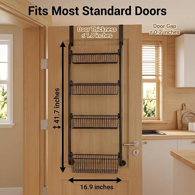 Purebox 4-Tier Over The Door Pantry Organizer & Spice Rack, Heavy Duty Deep Basket Storage with Thickened Carbon Steel Frame & Anti-Shake Suction Cups, Hanging Rack for Kitchen Bathroom Laundry