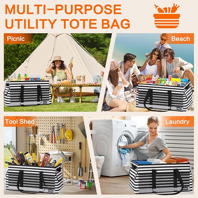 Extra Large Utility Tote Bag with Reflective Strip, Standing Reusable Grocery Bags with Hard Bottom, Collapsible Utility Tote with Handles for Shopping, Beach, Picnics, Car, Striped Black