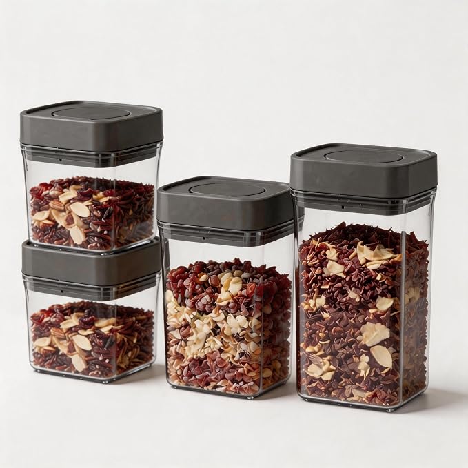 Manual Vacuum Jar With One-Button Vacuum Pump, Airtight Food Cereal Containers Storage With Lids (grey-4pc)