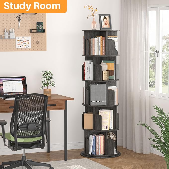 Aheaplus 5 Tier Rotating Bookshelf, Wood Spinning Bookshelf Tower, Round Revolving 360 Bookcase, Narrow Turning Book Shelf Rolling Corner Organizer for Small Space, Bedroom, Office, Black Oak