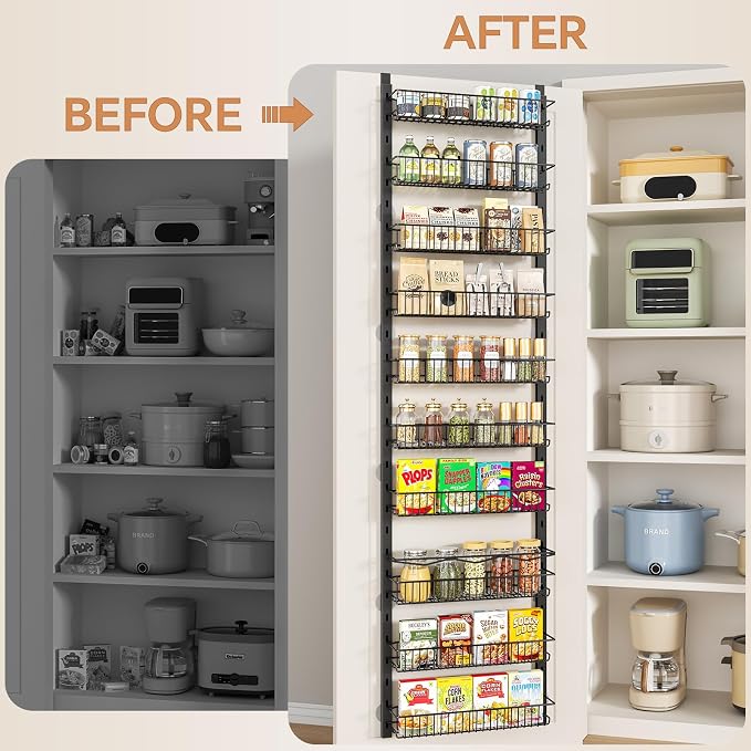 MIAOLI Over the Door Pantry Organizer, 10-Tier Adjustable Spice Rack Cabinet Door Shelves, Hanging Seasoning Organizer for Kitchen Bathroom, Laundry Room Organization, Black