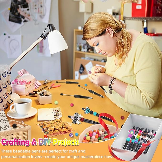 105 Pcs Beadable Pens Bulk Kit, 35 Plastic Ballpoint Pens for Beads with Refills & Bags, DIY Pen Making Kit for Office and School, Craft Gifts for Students & Teachers, Beads Pen Supplies (Black)