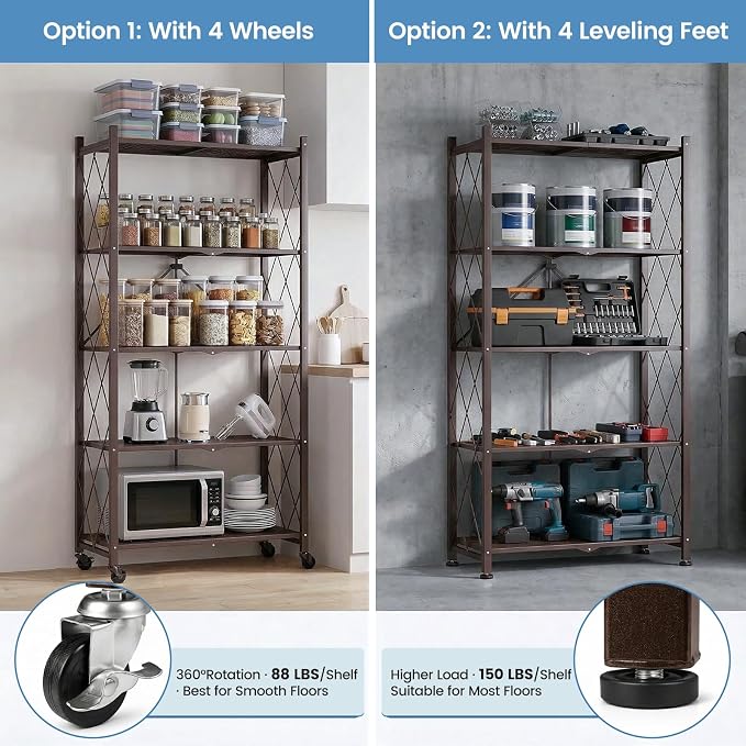 ALANNG 70.7" H Metal Storage Shelves, 5 Tier Folding Shelf on Wheels | Heavy Duty, No Assembly, Rolling, Collapsible Rack Unit for Kitchen, Basement, Pantry (Vintage Brown,4 Pack)