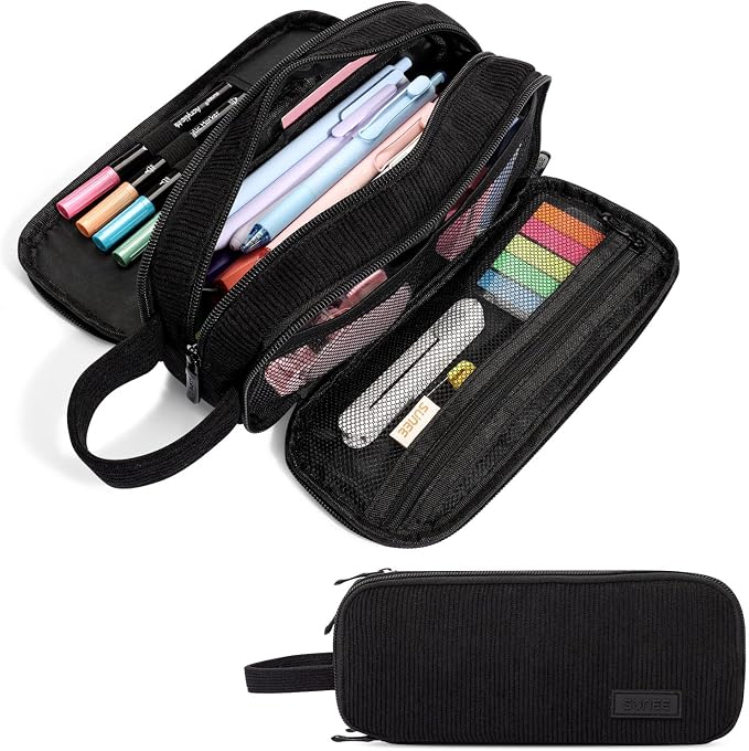 SUNEE Large Capacity Pencil Case with 3 Compartment, Extra Big Pencil Pouch, Pencil Bag with Zipper, Cute Stationery Organizer, Soft Corduroy Pen Box School Supplies for Student Girls Boys, Jet Black