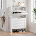 Narrow Shoe Cabinet Storage for Entryway, White | Freestanding Shoe Organizer with 2 Flip Drawers, Louvered Doors, Anti-tip Device, Modern Show Rack