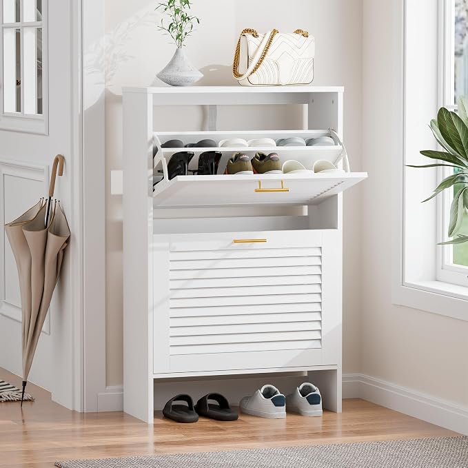 Narrow Shoe Cabinet Storage for Entryway, White | Freestanding Shoe Organizer with 2 Flip Drawers, Louvered Doors, Anti-tip Device, Modern Show Rack