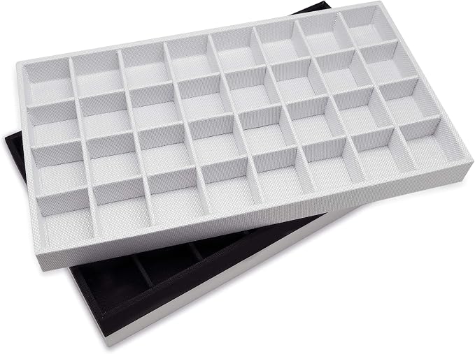 The Display Guys - Stackable Jewelry Tray and Organizer - for Drawers, Dressers, Store Display (32 Compartments, Black Burlap)
