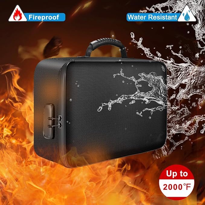 DocSafe Document Bag with Lock, Fireproof 3-Layer File Storage Box, Black | Water-Resistant Zipper, Document Safe Portable Travel Home Office Organizer Bag for Laptop,Files,Certificates, Gifts for Him
