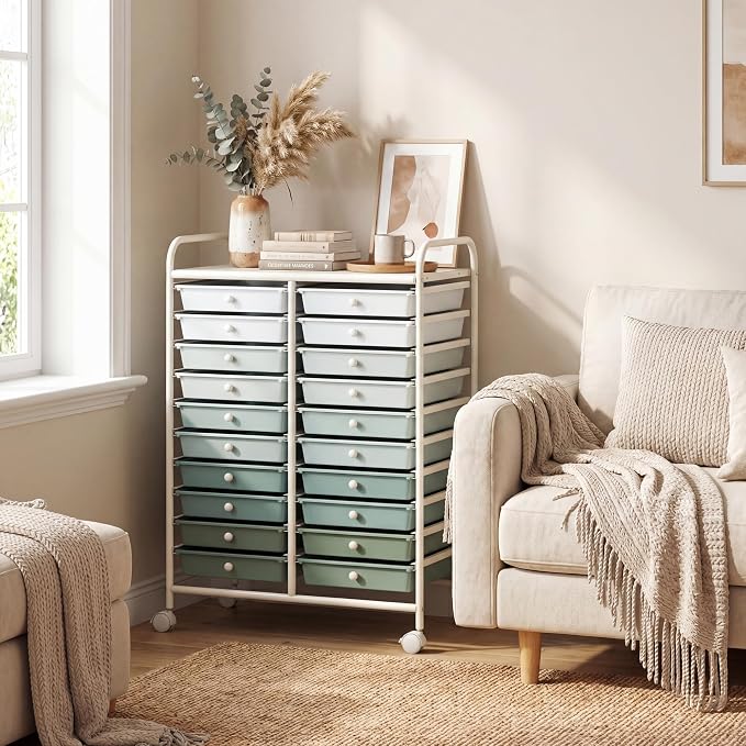 COSTWAY 20-Drawer Rolling Storage Cart, Utility Storage Organizer Cart | For Tools, Scrapbook, Paper, Craft, Multipurpose Storage Trolley on Wheels for Home Office School (Green Gradient)