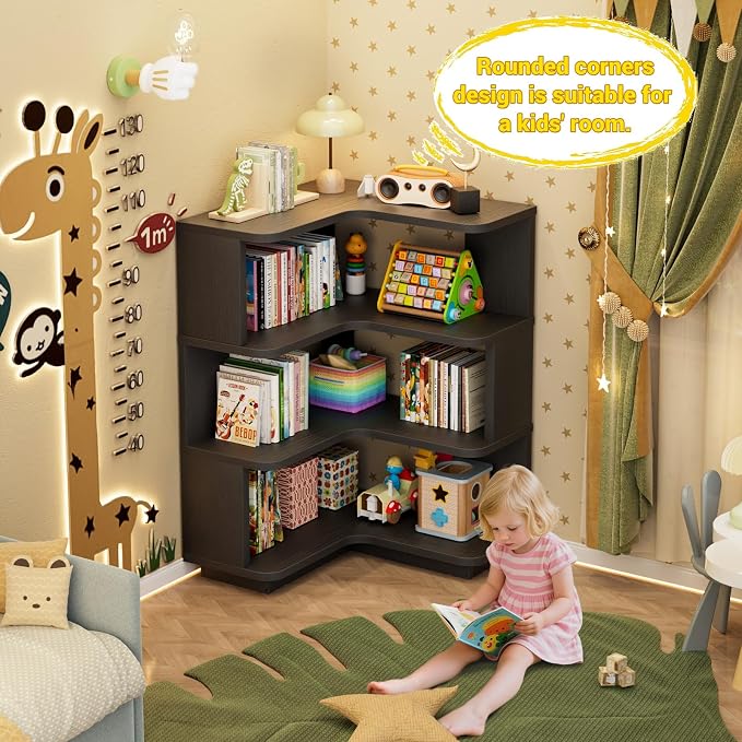 Armocity Corner Book Shelf - 4 Tier Corner Bookshelf Etagere Bookcase with Baffle, Freestanding L Shaped Display Shelf Stand for Home Office, Living Room, Bedroom, Kitchen, Black