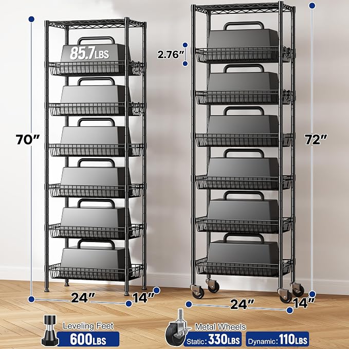DurayLoly 7-Tier Basket Shelf Wire Shelving Unit with Wheels, Adjustable Storage Shelves with Hooks, 72" H x 24" W x 14" D Pantry Shelves for Kitchen, Bathroom, Closet & Small Spaces, Black