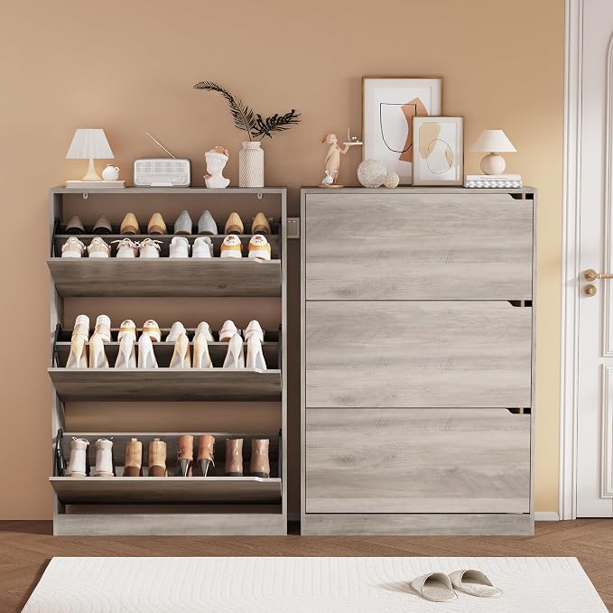 Shoe Storage Cabinet, Wood Shoe Organizer for Entryway with 3 Flip Drawers, Freestanding Shoe Rack with Adjustable Shelf, Narrow Shoe Dresser for Front Door Entrance (Grey, 3 Drawers)