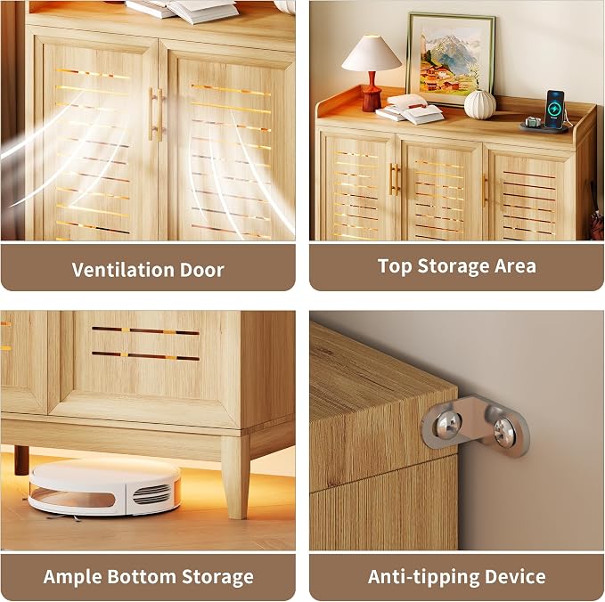 Vlsrka Shoe Storage Cabinet with Shutter Doors and Adjustable Shelves | 6 Tier Wooden Shoe Organizer, Large Capacity, Human Sensor Lighting, 180° Rotating, for Entryway, Hallway, Living Room, Wood