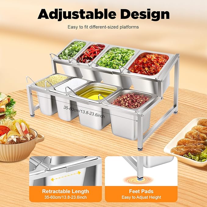 Expandable Spice Rack, Countertop Condiment Stand Holder with Pans and Lids,Stainless Steel Organizer Shelf for Seasonings Sauces Side Dishes Fruits Kitchen Pantry (4*1/9 Pans + 4*1/6 Pans)