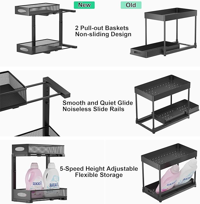 1 Pack Under Sink Organizer and Storage, 2 Tier Pull Out Sliding Cabinet Shelf, 5-Level Height Adjustable Thickened Carbon Steel Storage Rack for Kitchen Bathroom Cabinet, Black