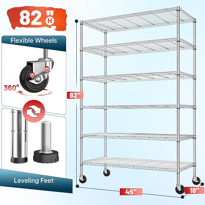 Romorgniz 82" H X45 W X18 D Storage Shelves with Wheels, 6 Tier Wire Shelving Adjustable Metal Shelving Pantry Shelves Capacity 1200LBS for Garage Shelving, Pantry, Kitchen, Commercial, Chrome,3P