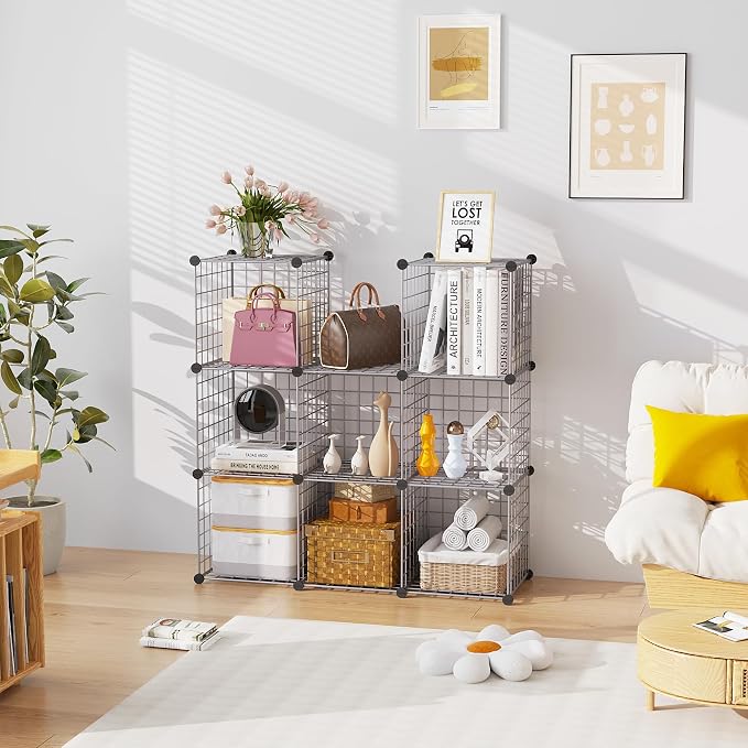 C&AHOME Wire Cube Storage, 9 - Cube Organizer Metal C Grids, Modular Shelves Units, Closet Organizer, Ideal for Home, Office, Living Room, 36.6”L x 12.4”W x 48.4”H, Silver Gray UWCS3009G
