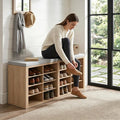 Shoe Storage Bench with Cushion Shoe Rack for Entryway 16 Cubby Multifunctional Organizer Bench Entryway with Soft Sponge Cushion for Hallway Living Room Bedroom (Wood & Light Gray)