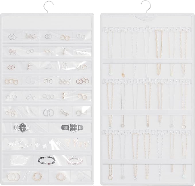 Hanging Jewelry Organizer, Double-Sided Necklaces Holder, White | 42 clear pockets organize rings & earrings; 36 wire necklace hooks reduce tangles; top hook hangs in closets, walls or doors.