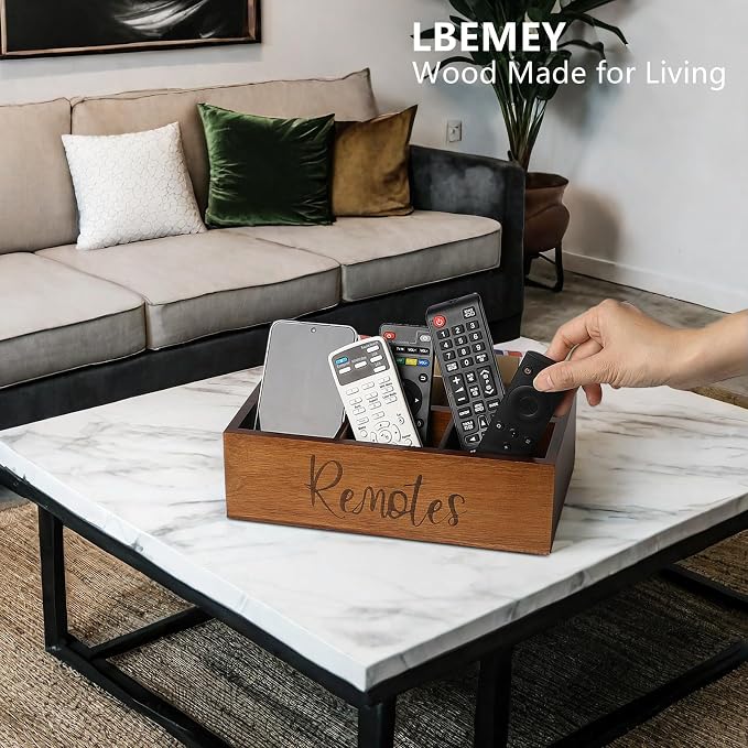 LBEMEY Acacia Wood Remote Control Holder Caddy, TV Organizer for Table, Vintage Farmhouse Desk Caddy (Brown-for 6+ Controls)