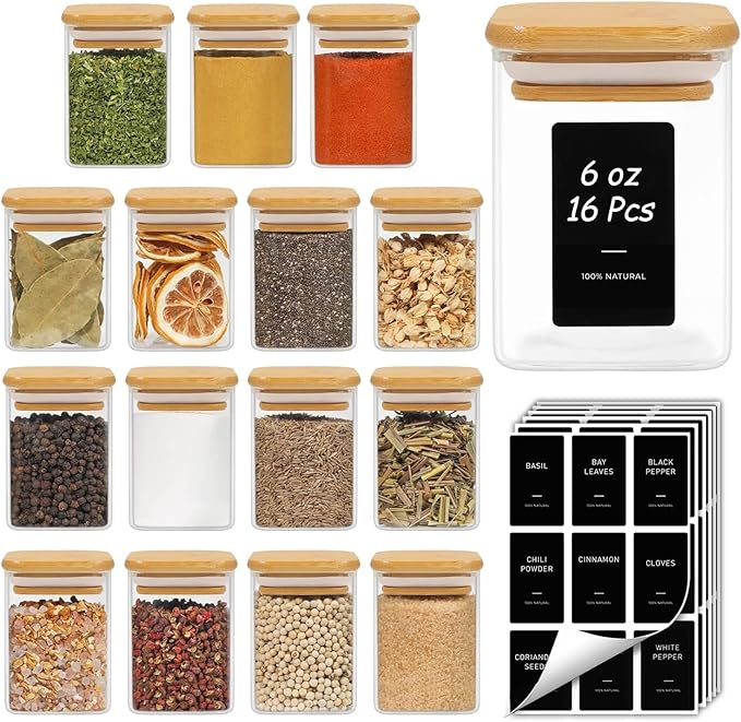 ComSaf Glass Spice Jars with Labels 6 oz 16 Pack Small Square Bamboo Lids | Empty Containers, Seasoning Herbs Powders, Salt Pepper Chili, Spice Rack Organization, Kitchen Cabinet Storage, Dry Goods