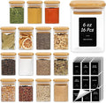 ComSaf Glass Spice Jars with Labels 6 oz 16 Pack Small Square Bamboo Lids | Empty Containers, Seasoning Herbs Powders, Salt Pepper Chili, Spice Rack Organization, Kitchen Cabinet Storage, Dry Goods