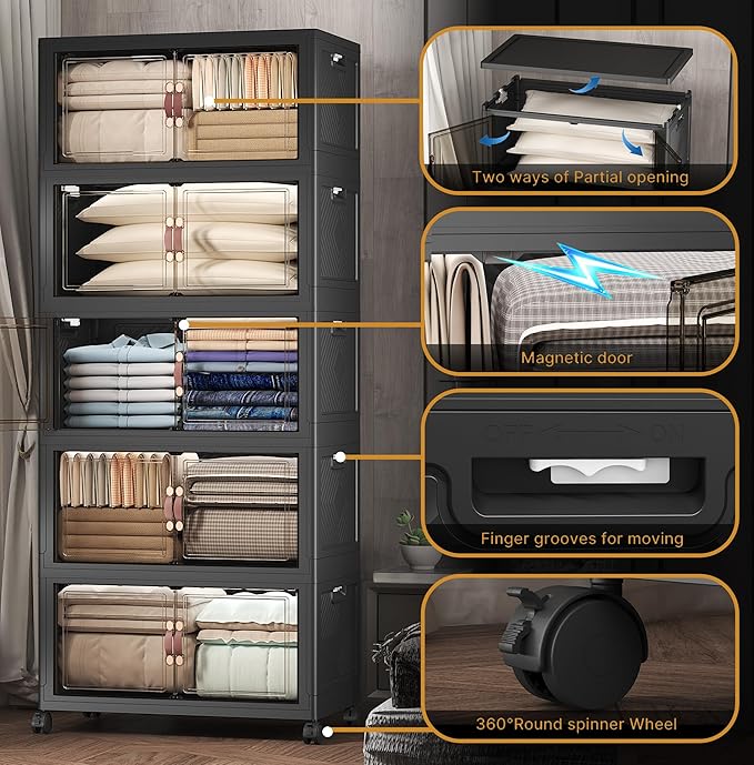 UAMFURI Extra Large Stackable Storage Bins with Lids & Wheels, Foldable Collapsible Closet Organizers Dark Storage Cabinet with Doors for Bedroom Dorm