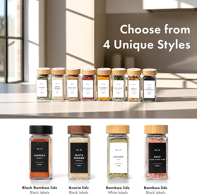 EDELHAUS Glass Spice Jars with Label, 24x Bamboo Wooden Lids - White Labels | Airtight Lids keep spices fresh, Kitchen Spice Drawer Organizer, 4oz Seasoning Containers incl. Funnel, Brush & 240 Labels