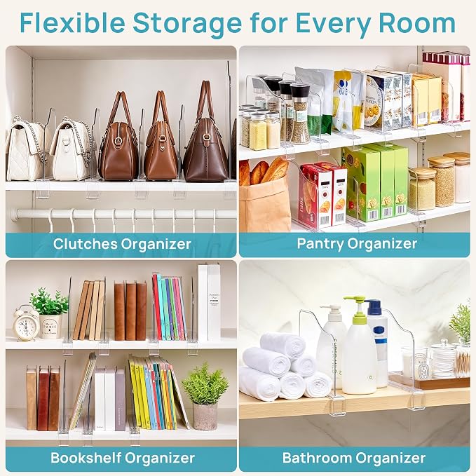 Vtopmart 12 Pack 7.5in Height Shelf Dividers for Closet Organization | Clear, Plastic, Space-Saving, Easy to Install, Fit Shelf Thicknesses 0.4"-1.35", for Purses, Hangbags, Towel and Book