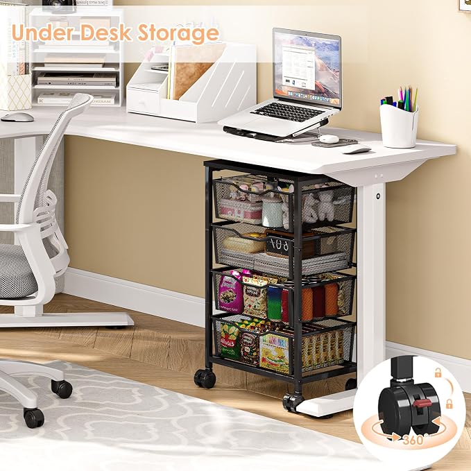 Sbanmao Utility Cart with 4 Drawers, Rolling Storage Cart, Metal Rolling Drawer Cart with Lockable Wheels and Wooden Tabletop, Craft Storage Art Cart for Living Room, Bedroom, Classroom, Office Black