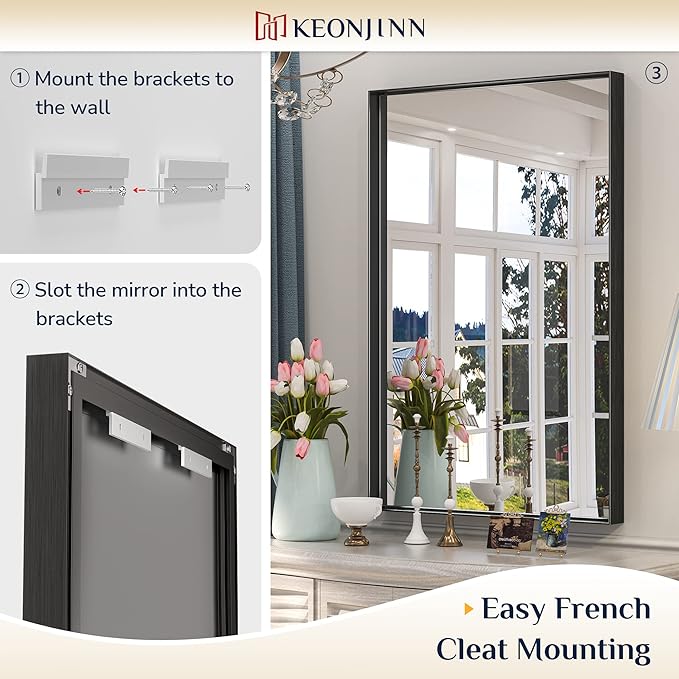 Keonjinn 55 x 36 Inch Black Mirror for Bathroom, Matte Black Large Rectangle Vanity Mirror, Metal Framed Farmhouse Mirrors, Modern Rectangular Wall Mirrors with Square Corner