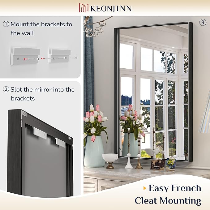 Keonjinn Black Framed Mirror for Bathroom 48 x 30 Inch Large Matte Black Bathroom Mirror Rectangle Wall Mirror Square Corner Metal Frame Farmhouse Bathroom Mirror for Over Sink(Horizontal/Vertical)